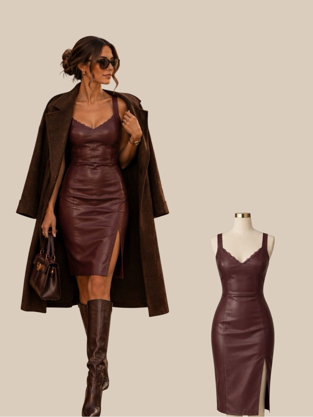 IRIS BURGUNDY FAUX LEATHER DRESS | SIZE L | NWT